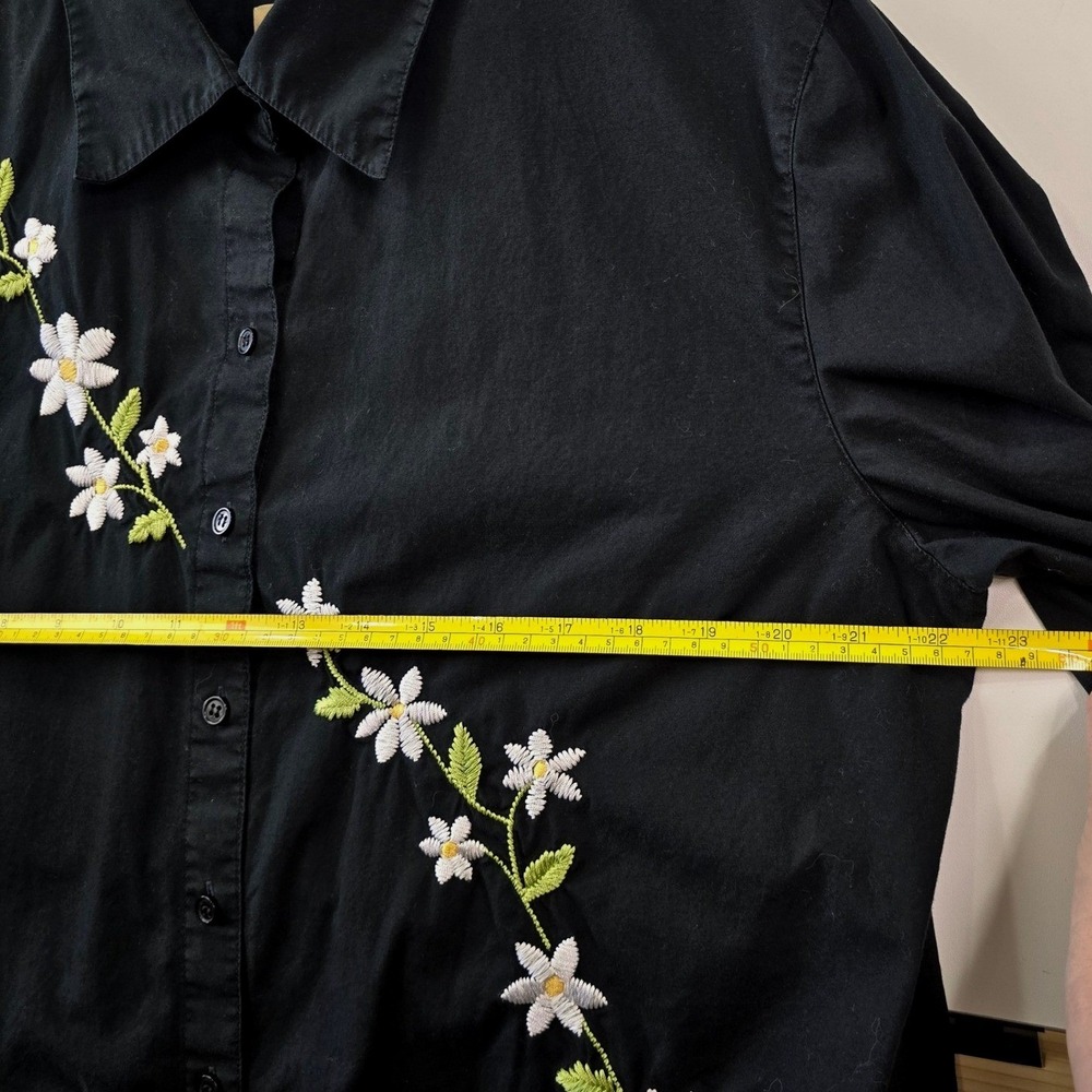 Bechamel Cotton Embroidered Daisy Button Up Shirt 3/4 Sleeve Womens Large Black‎ - Picture 6 of 8